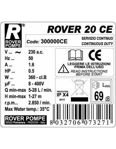Αντλία Μετάγγισης Ορειχάλκινη 370W - 0,5Hp Στόμια Φ20 - 3/4" 2850rpm ROVER 20 CE Rover Pompe