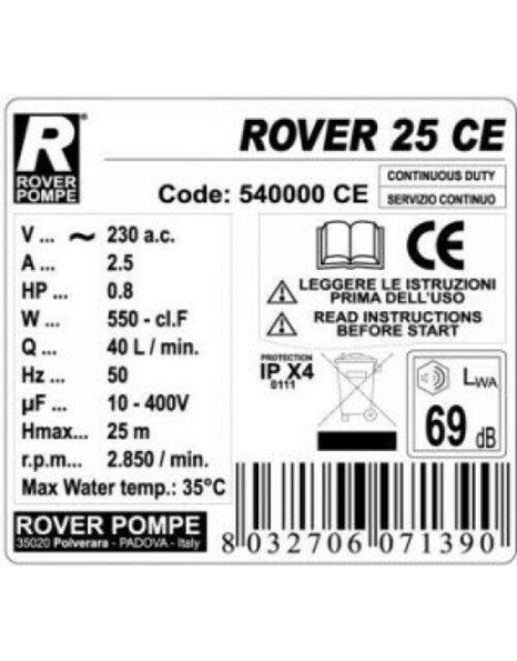 Αντλία Μετάγγισης Ορειχάλκινη 600W - 0,8Hp Στόμια Φ25 - 1" 2850rpm ROVER 25 CE Rover Pompe