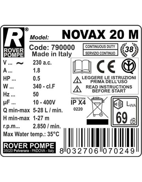 Αντλία Μεταγγίσεως Αυτόματης Αναρρόφησης Ανοξείδωτη 0,5HP 3/4" 2850rpm Novax 20Μ Rover Pompe