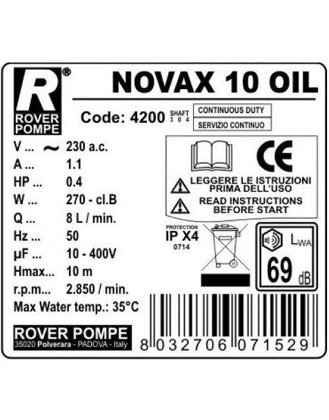Αντλία Μεταγγίσεως Αυτόματης Αναρρόφησης Ανοξείδωτη 0,4HP 10mm 2800rpm Novax 10-Oil Inox Rover Pompe