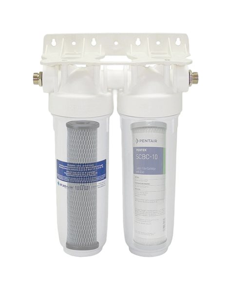 Συσκευή Φίλτρου Νερού Κάτω Πάγκου Dp Duo Διπλό Λευκό 1/2" Atlas Filtri 10" με Φίλτρο C1 5mcr Pentek 10" & Αντιμικροβιακό SCBC-10 0,5mcr Pentek 10"