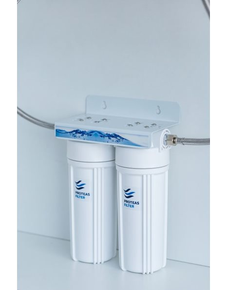 Συσκευή Φίλτρου Νερού Κάτω Πάγκου 2M Διπλή Λευκή 1/2" με Βάση, Κλειδί EW-013-0204 Proteas Filter 10"