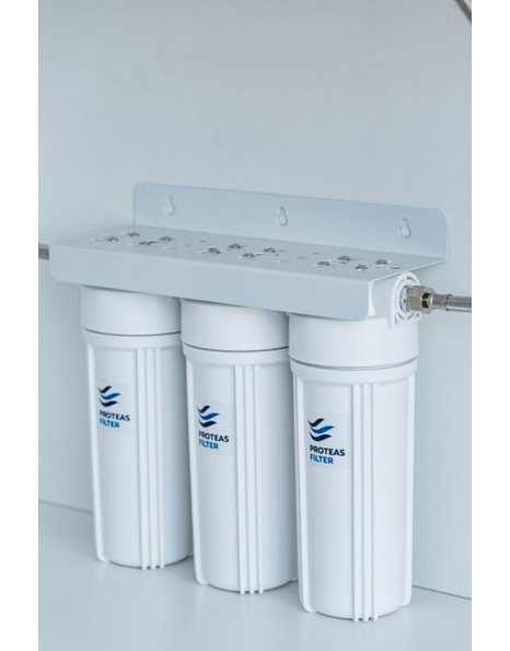 Συσκευή Φίλτρου Νερού Κάτω Πάγκου 2M Τριπλή Λευκή 1/2" Βάση, Κλειδί EW-013-0302 Proteas Filter 10"